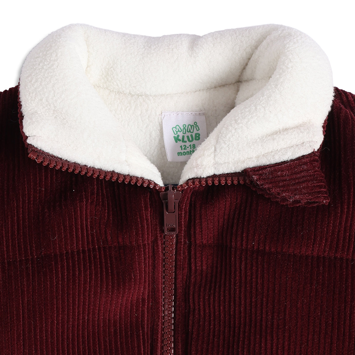 Baby Boys Maroon Corduroy Jacket with Sherpa Collar Full Sleeves Front Open Winter Jacket