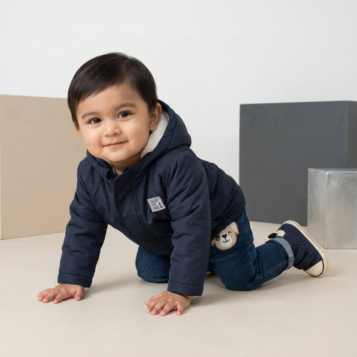 Baby Boys Navy Blue Padded Hooded Jacket Regular Fit Casual Wear