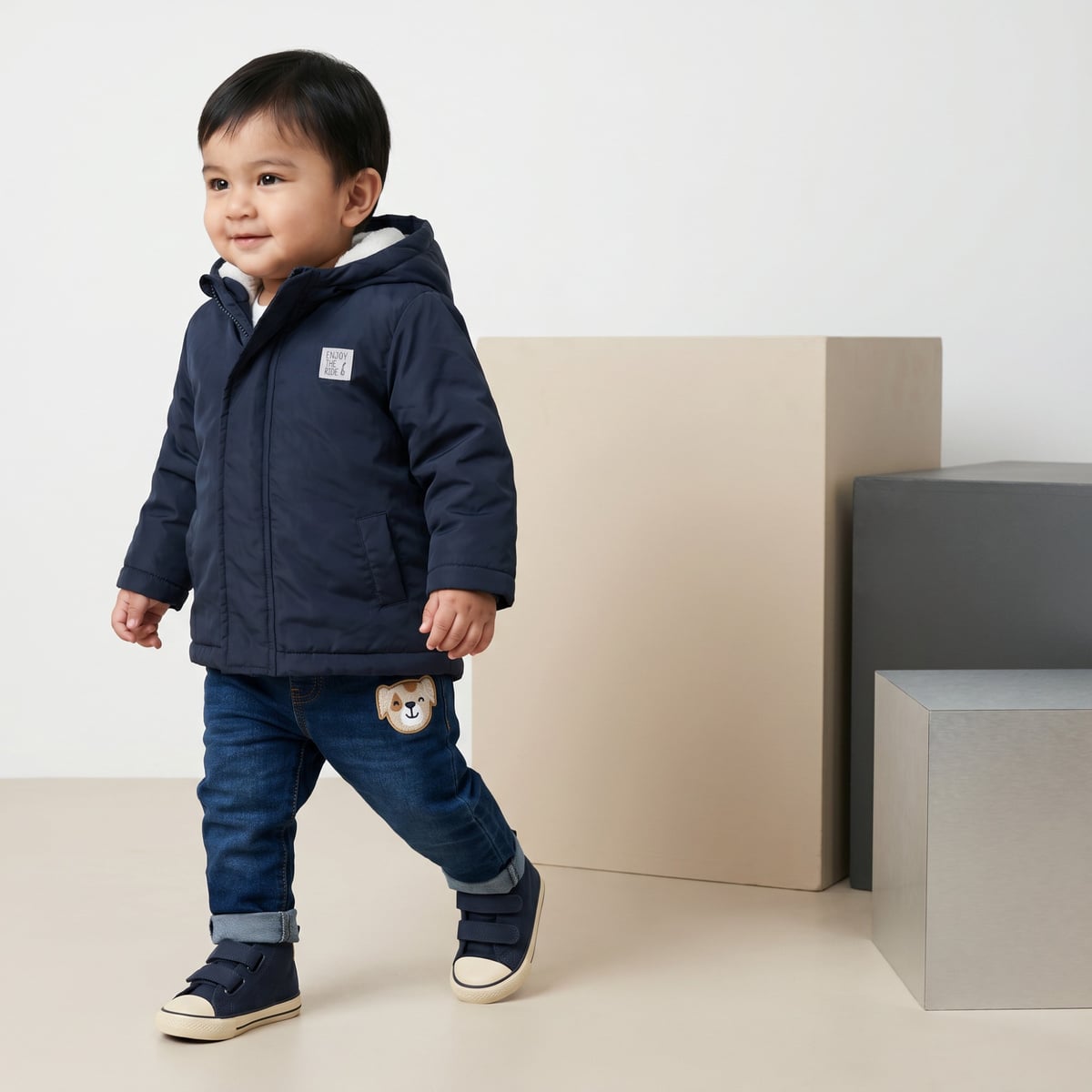 Baby Boys Navy Blue Padded Hooded Jacket Regular Fit Casual Wear