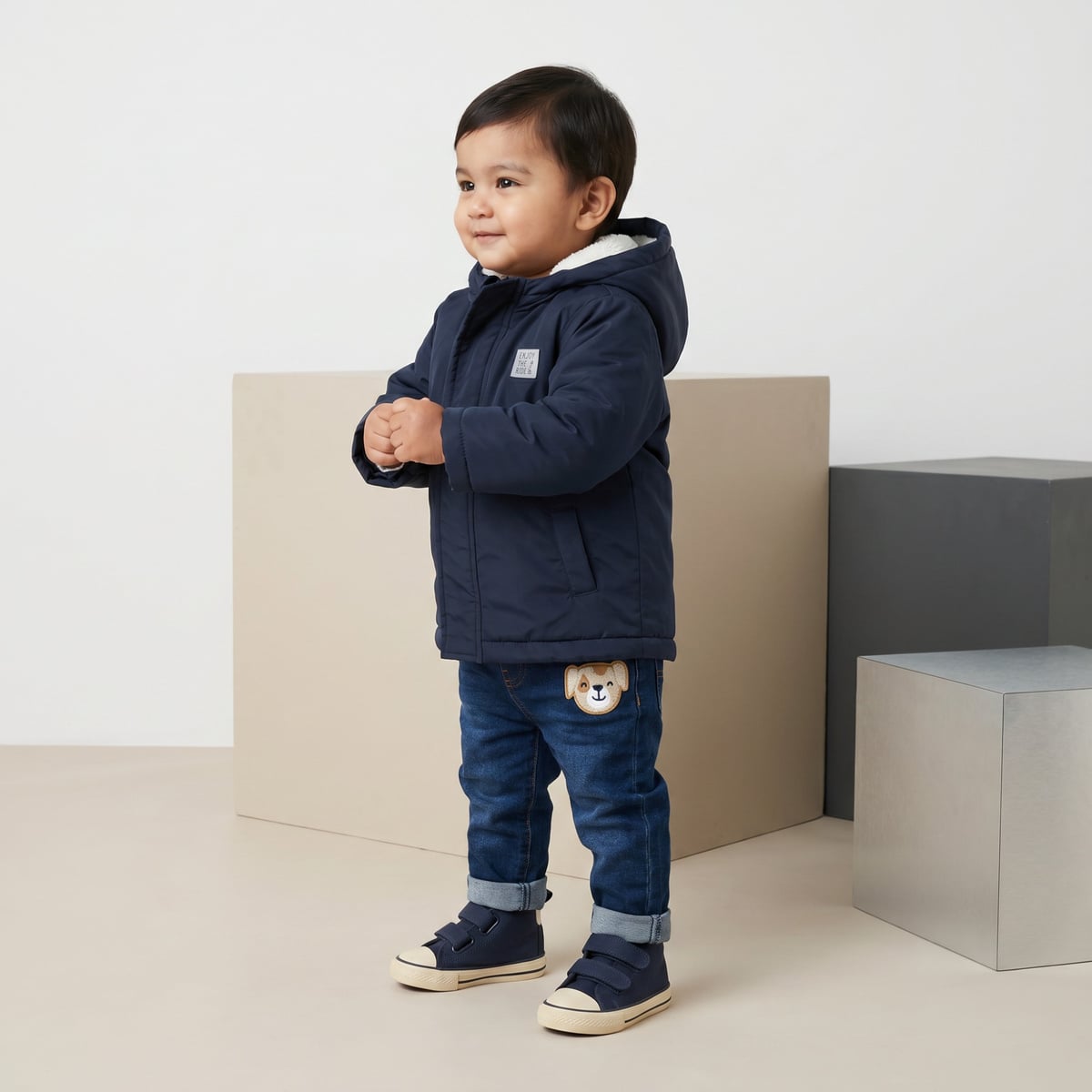Baby Boys Navy Blue Padded Hooded Jacket Regular Fit Casual Wear