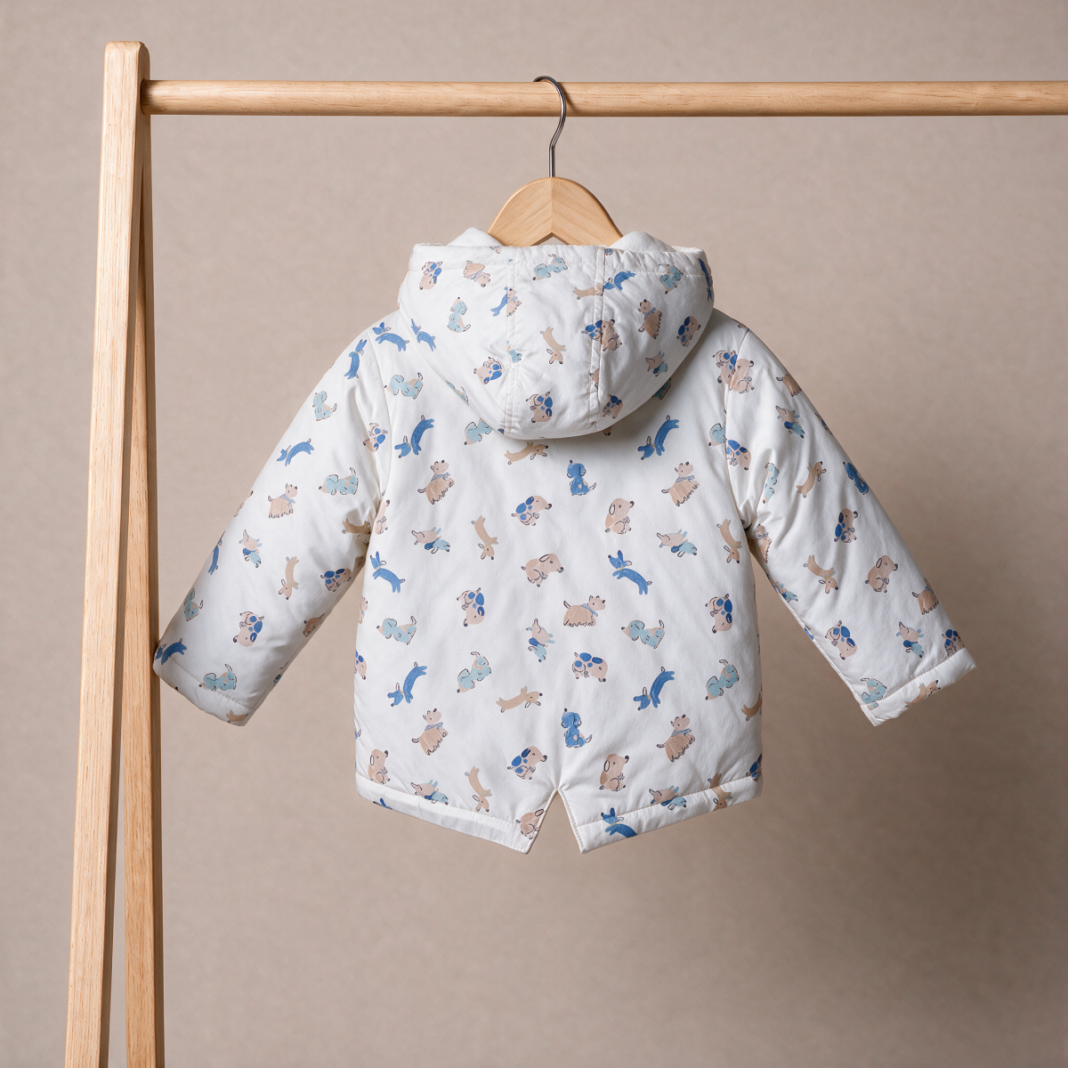 Baby Boys White Animal Printed Padded Hooded Jacket Regular Fit Casual Wear