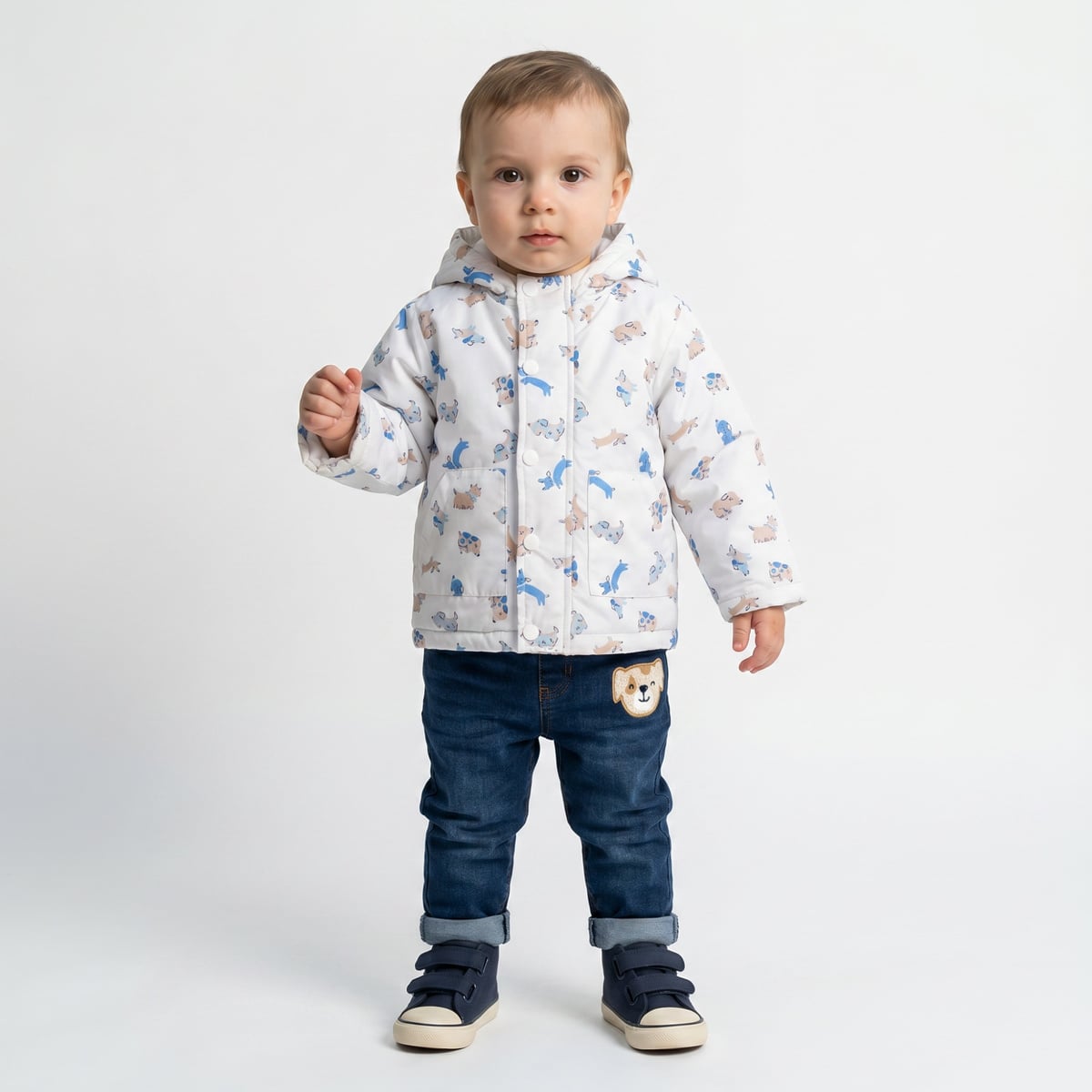 Baby Boys White Animal Printed Padded Hooded Jacket Regular Fit Casual Wear