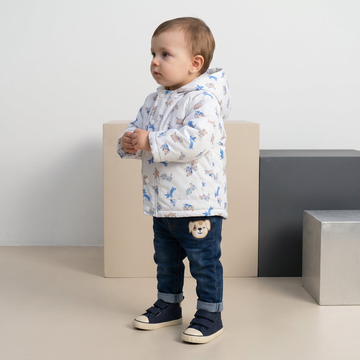 Baby Boys White Animal Printed Padded Hooded Jacket Regular Fit Casual Wear