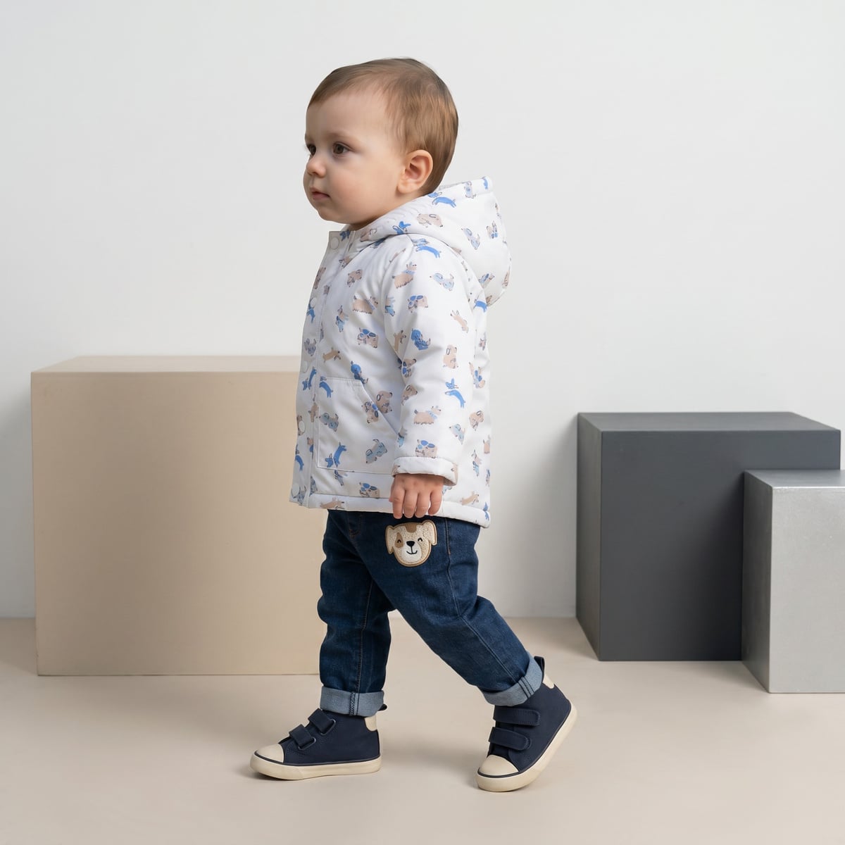 Baby Boys White Animal Printed Padded Hooded Jacket Regular Fit Casual Wear