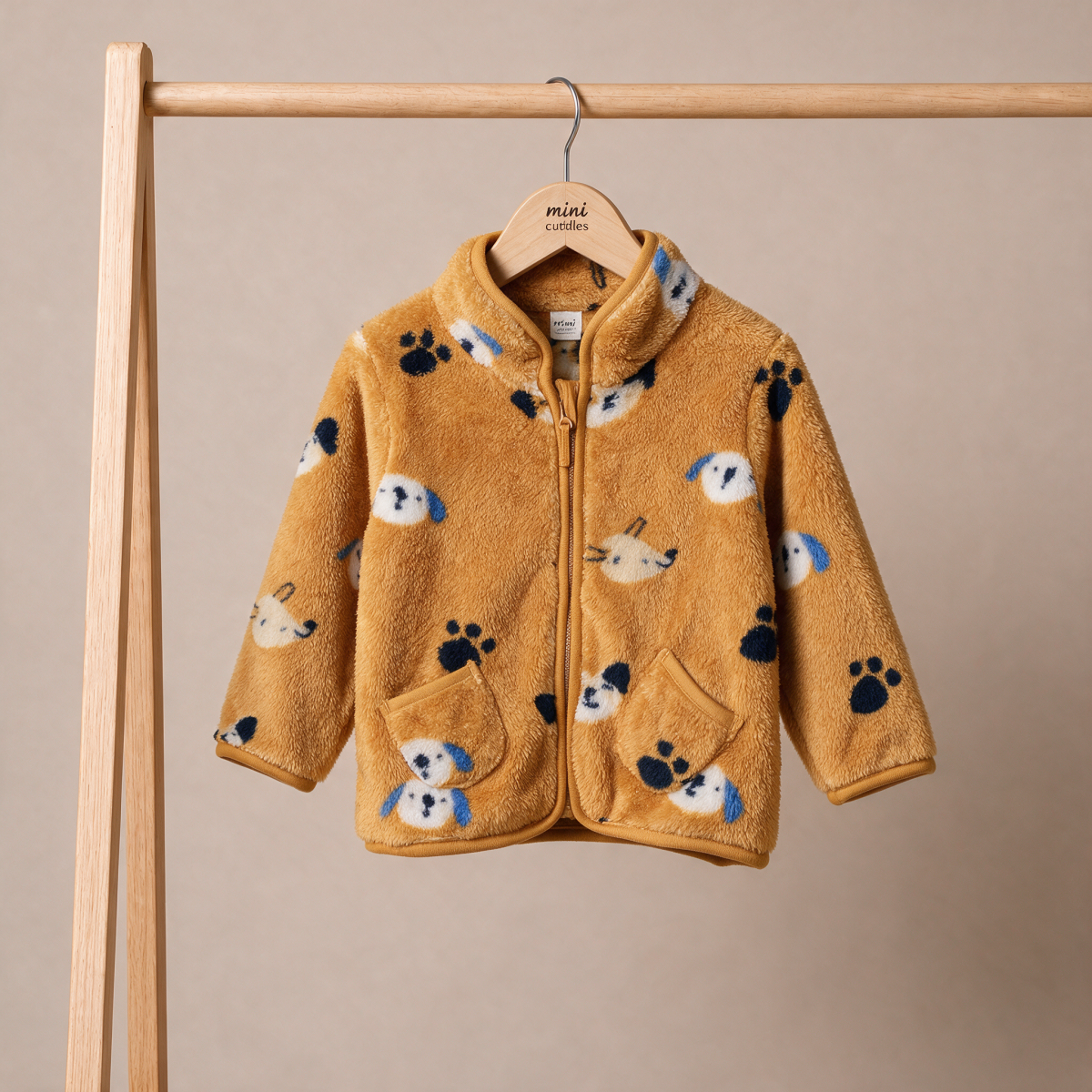 Baby Boys Mustard Brown Plush Fleece Animal Printed Jacket Regular Fit Casual Wear