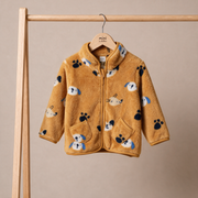 Baby Boys Mustard Brown Plush Fleece Animal Printed Jacket Regular Fit Casual Wear