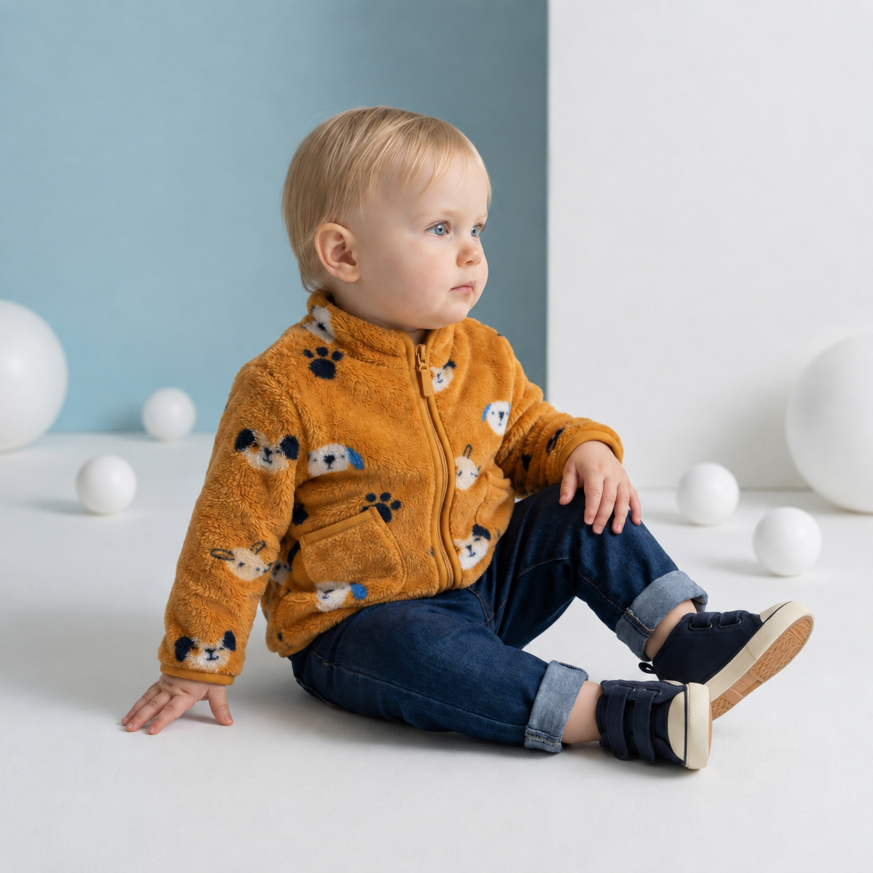 Baby Boys Mustard Brown Plush Fleece Animal Printed Jacket Regular Fit Casual Wear