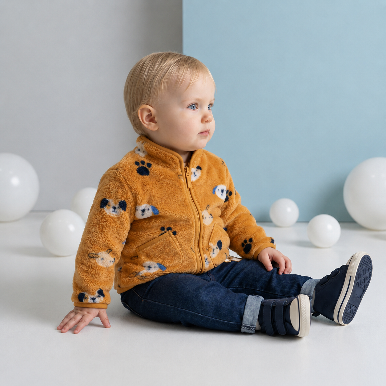 Baby Boys Mustard Brown Plush Fleece Animal Printed Jacket Regular Fit Casual Wear