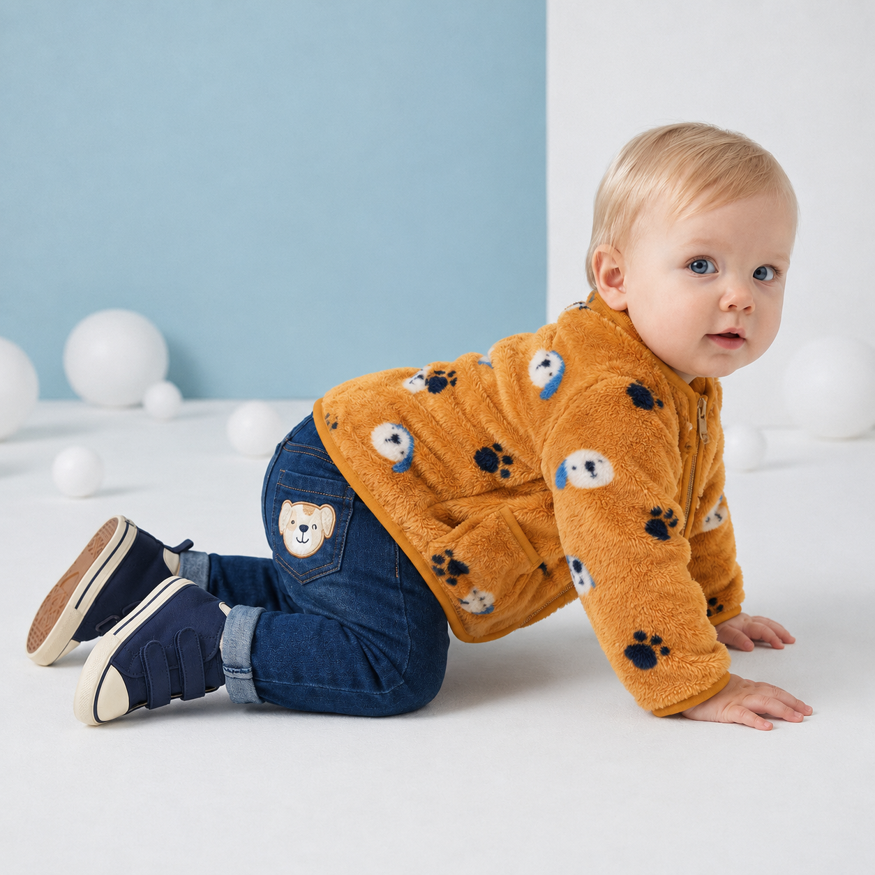 Baby Boys Mustard Brown Plush Fleece Animal Printed Jacket Regular Fit Casual Wear
