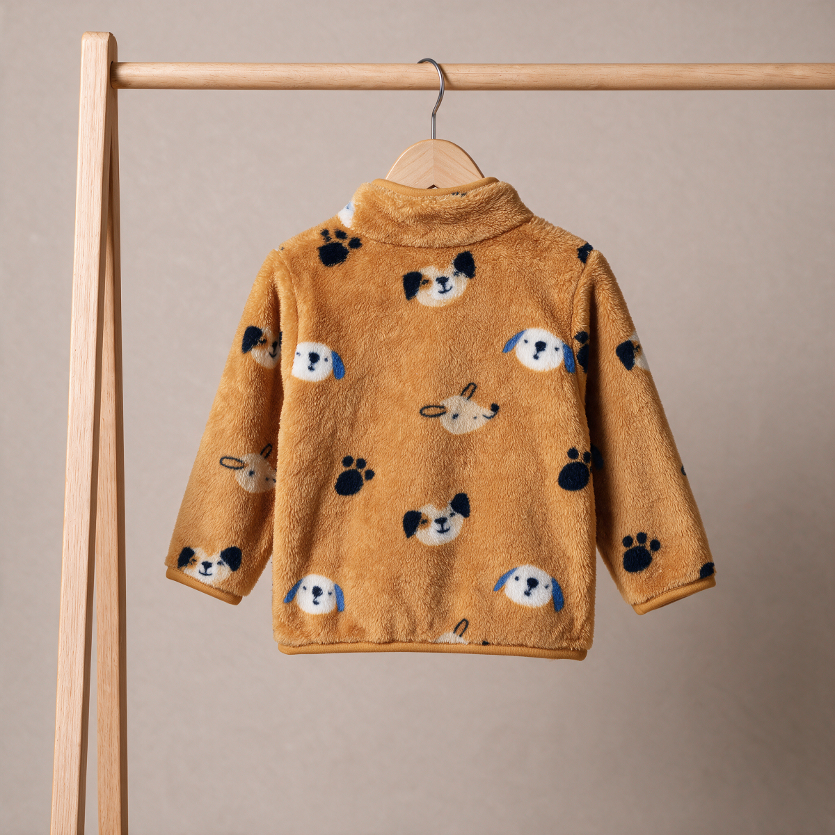 Baby Boys Mustard Brown Plush Fleece Animal Printed Jacket Regular Fit Casual Wear