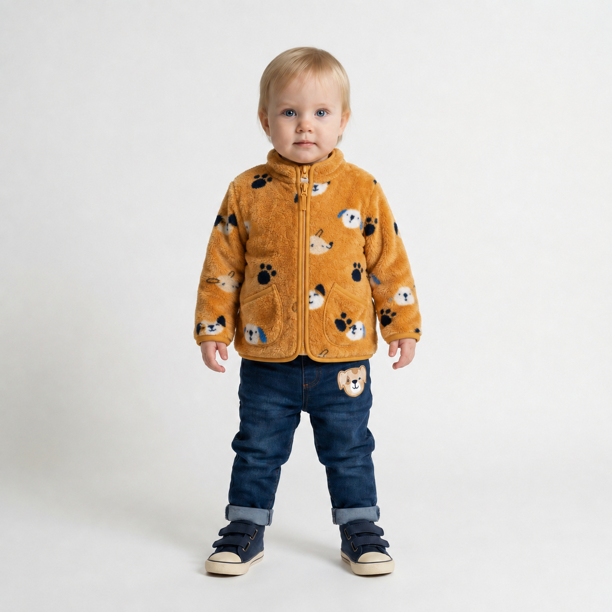 Baby Boys Mustard Brown Plush Fleece Animal Printed Jacket Regular Fit Casual Wear