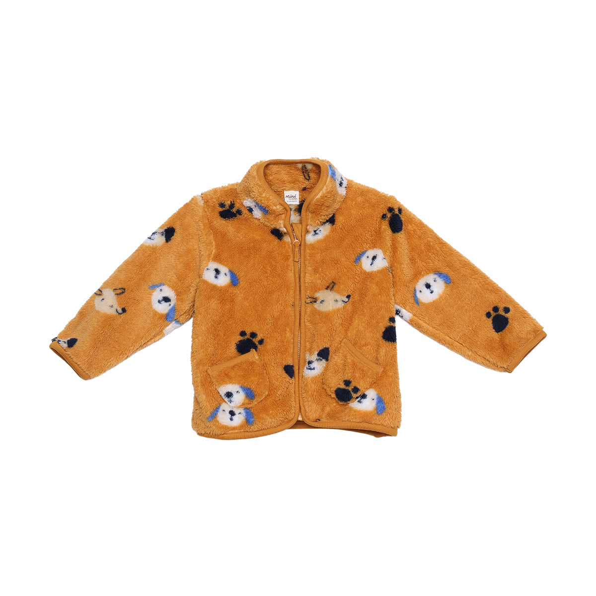 Baby Boys Mustard Brown Plush Fleece Animal Printed Jacket Regular Fit Casual Wear