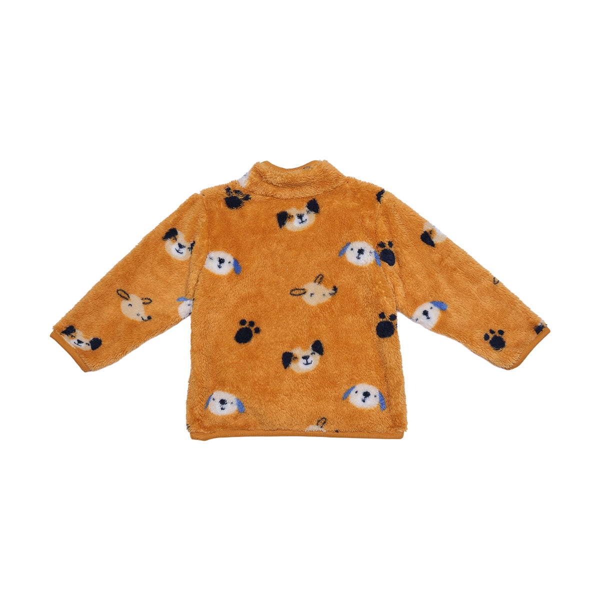 Baby Boys Mustard Brown Plush Fleece Animal Printed Jacket Regular Fit Casual Wear