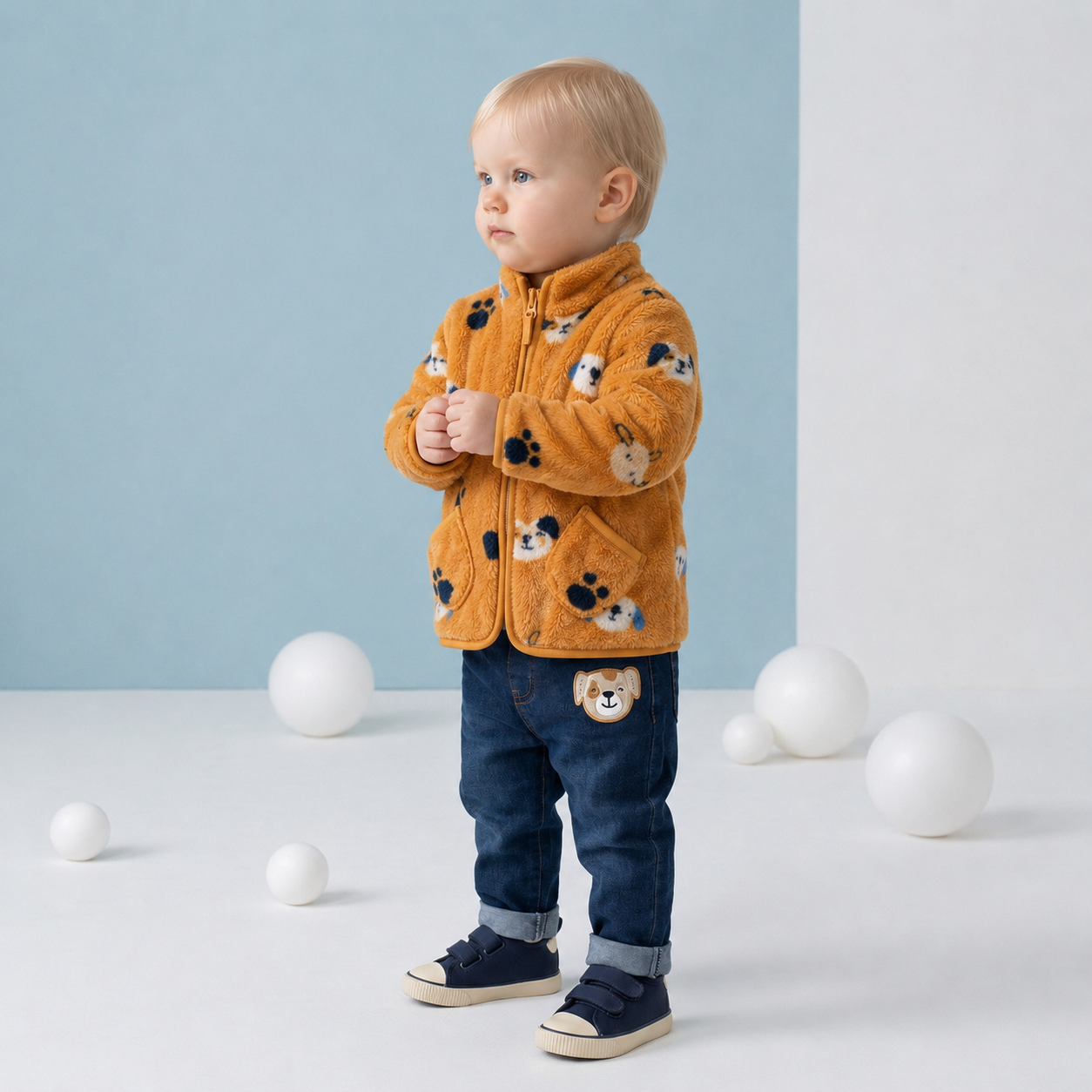 Baby Boys Mustard Brown Plush Fleece Animal Printed Jacket Regular Fit Casual Wear