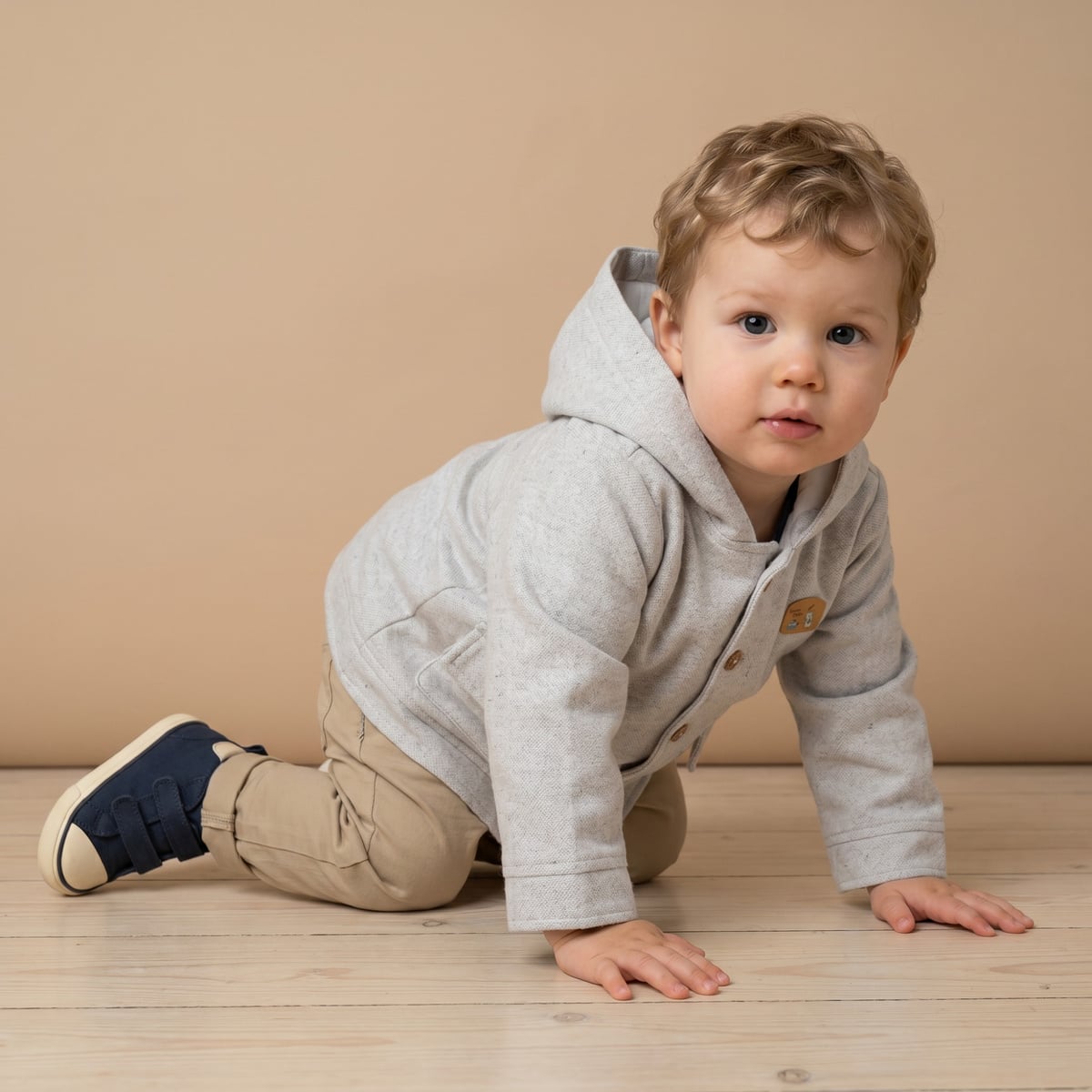 Baby Boys Light Grey Cotton Blend Hooded Jacket Regular Fit Casual Wear