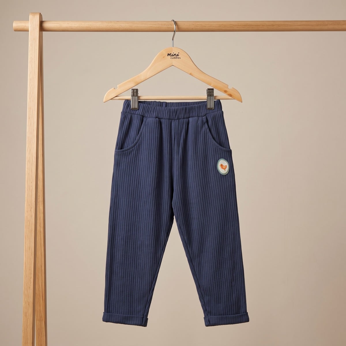 Baby Boys Navy Blue Cotton Blend Bird Badge Ribbed Knit Bottom Regular Fit Casual Wear