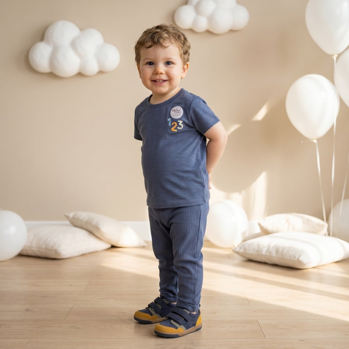 Baby Boys Navy Blue Cotton Blend Bird Badge Ribbed Knit Bottom Regular Fit Casual Wear