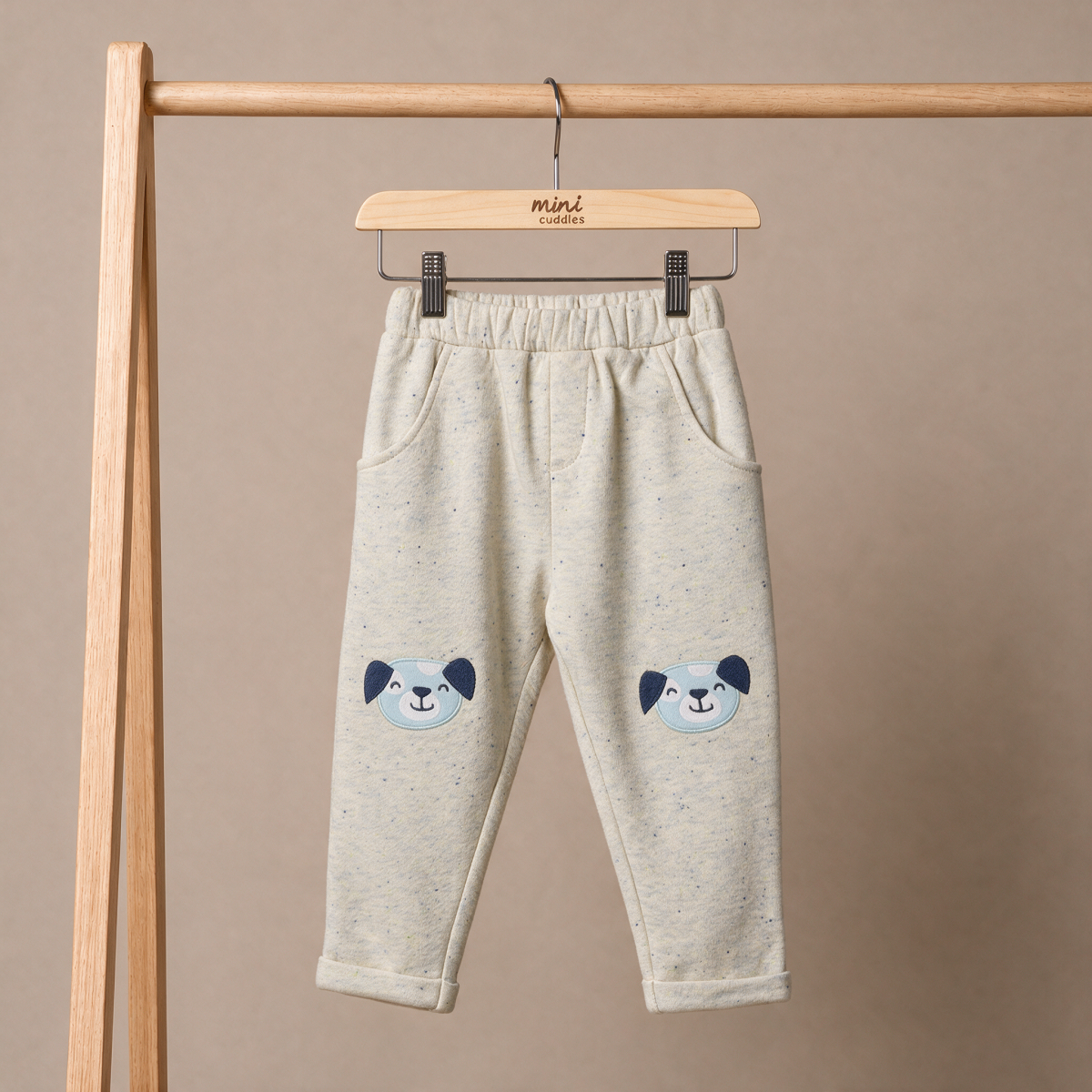 Baby Boys Cream Cotton Blend Dog Applique Knit Bottom Regular Fit Casual Wear