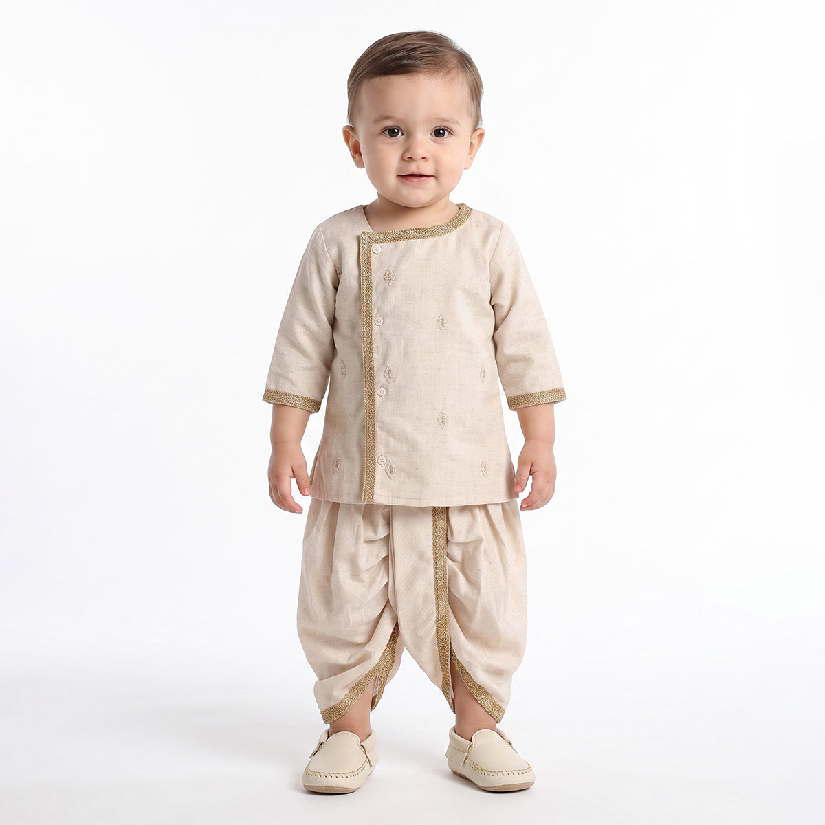 Baby Boys Beige and Gold Woven Kurta and Dhoti Set Regular Fit Festive Kids Ethnic Wear