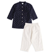 Baby Boys Navy Blue And Off-White Embroidered Kurta And Pyjama Set Regular Fit Ethnic Wear