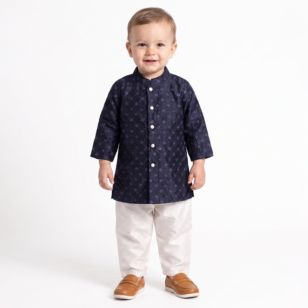 Baby Boys Navy Blue And Off-White Embroidered Kurta And Pyjama Set Regular Fit Ethnic Wear