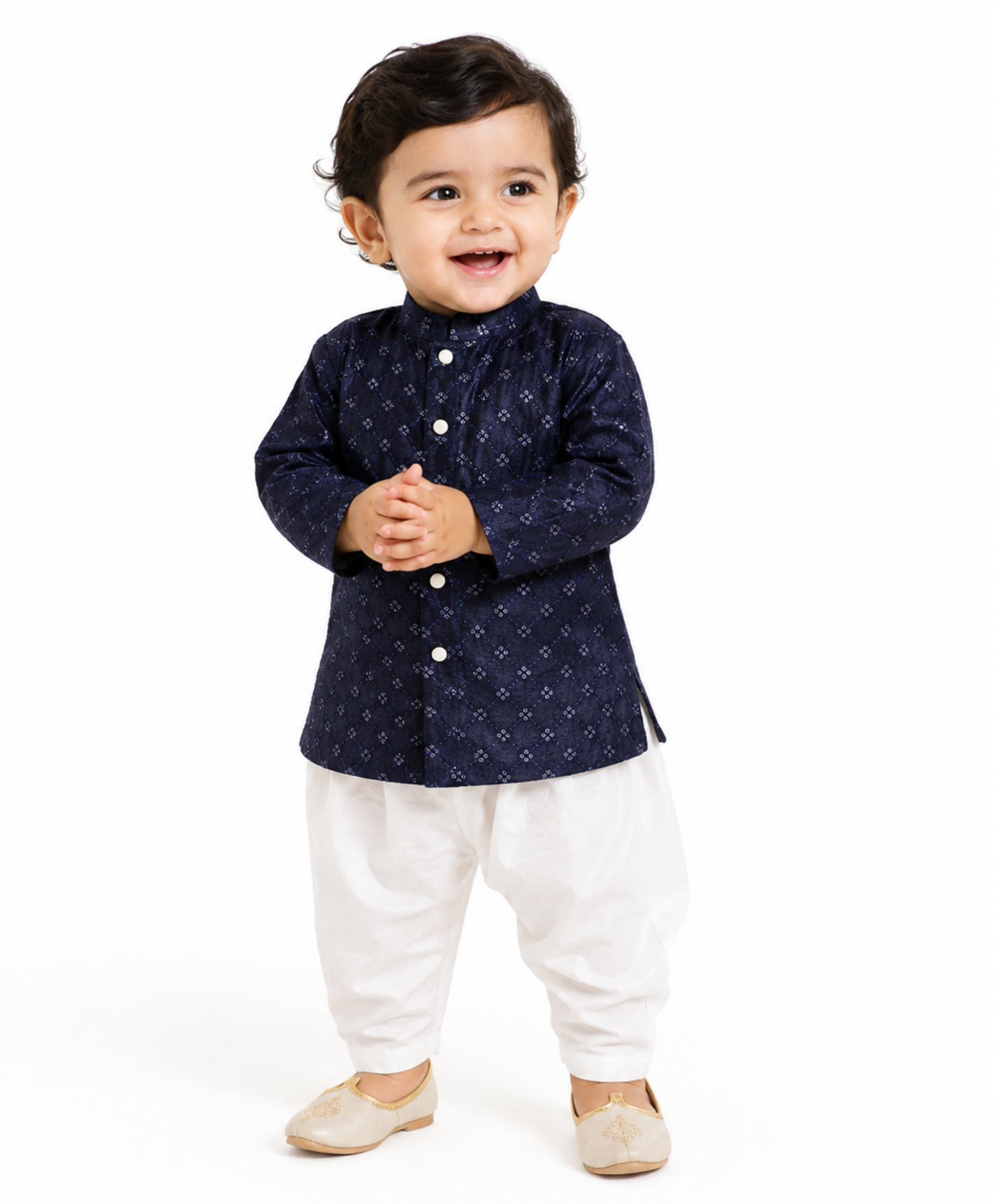Baby Boys Navy Blue And Off-White Embroidered Kurta And Pyjama Set Regular Fit Ethnic Wear