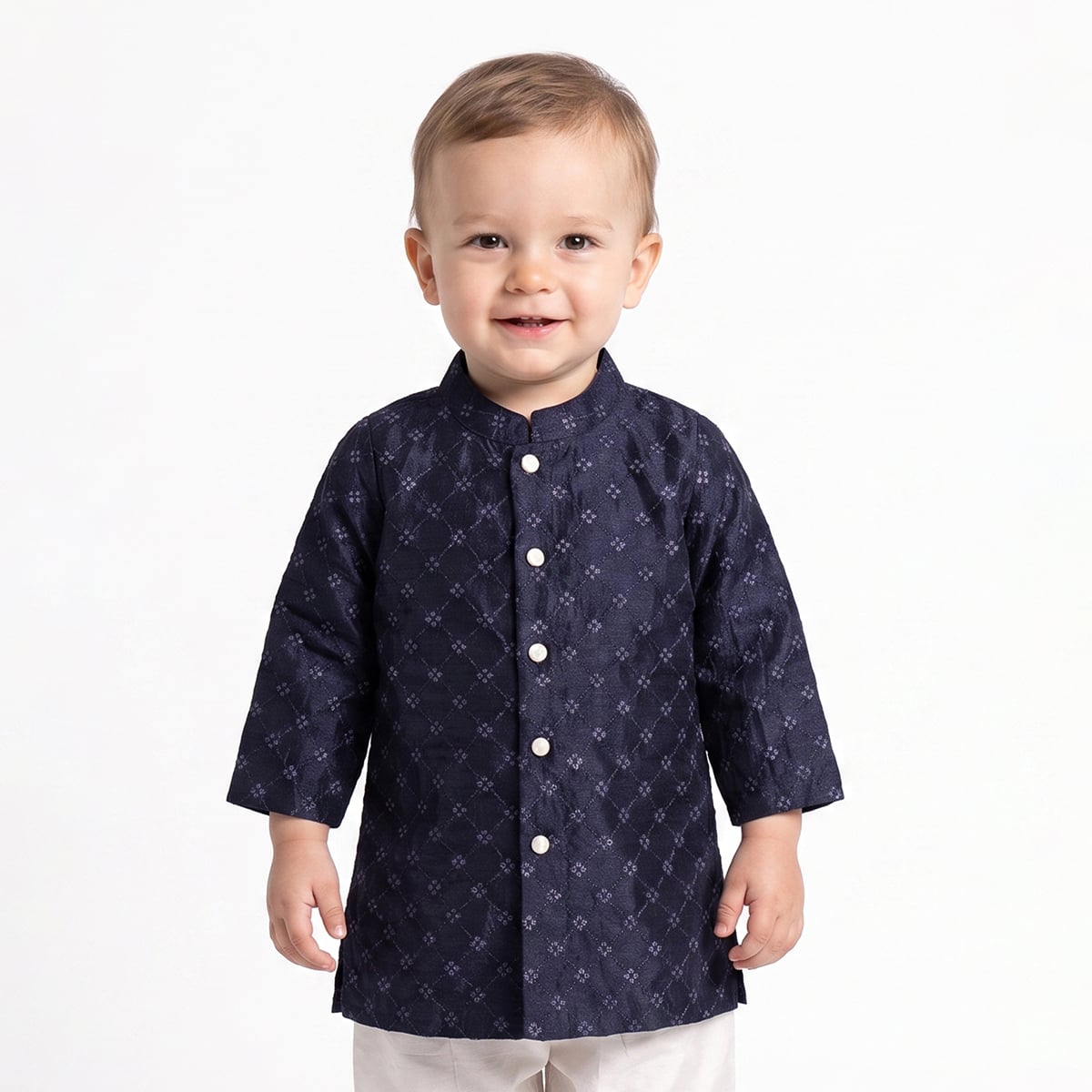 Baby Boys Navy Blue And Off-White Embroidered Kurta And Pyjama Set Regular Fit Ethnic Wear