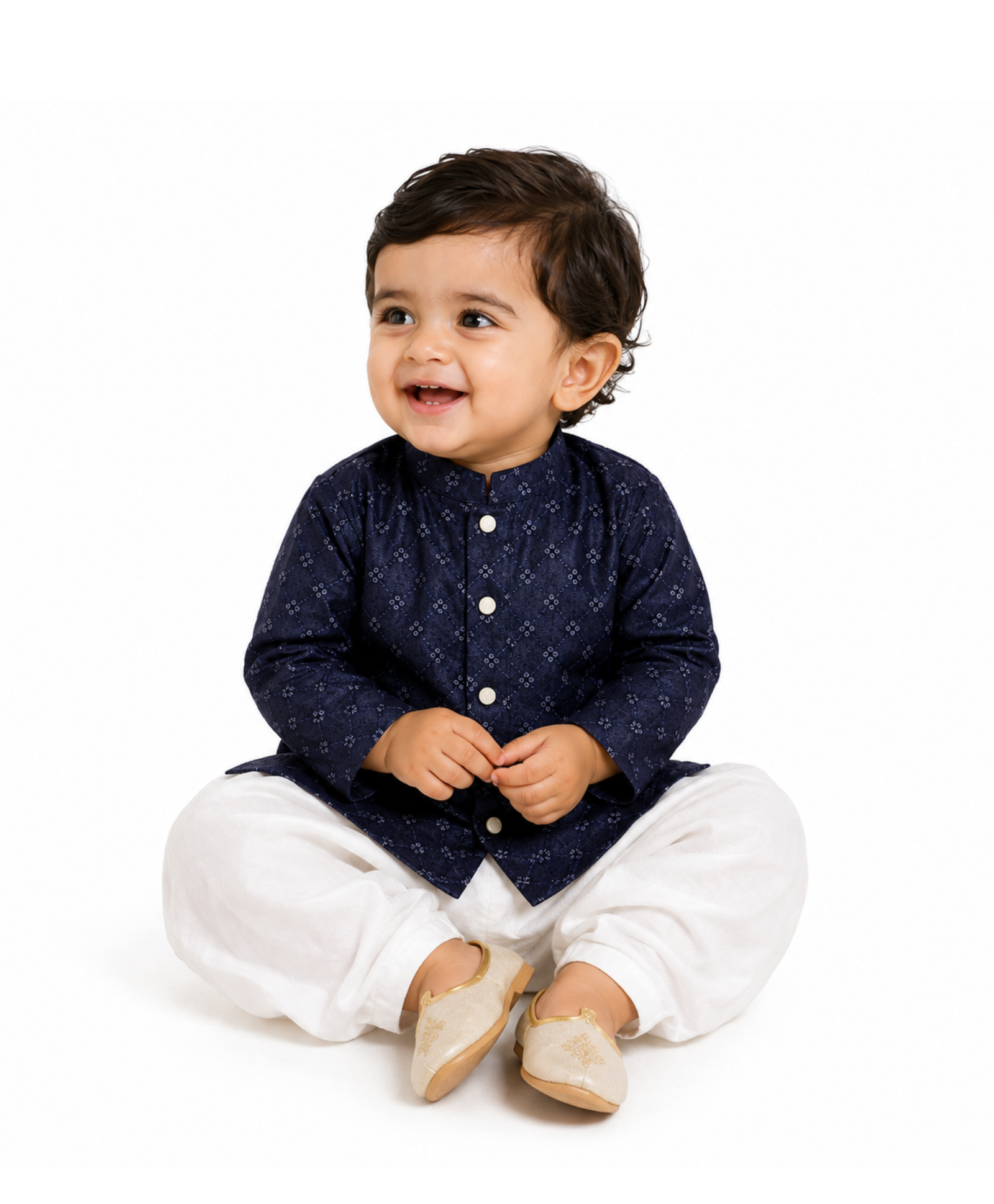 Baby Boys Navy Blue And Off-White Embroidered Kurta And Pyjama Set Regular Fit Ethnic Wear
