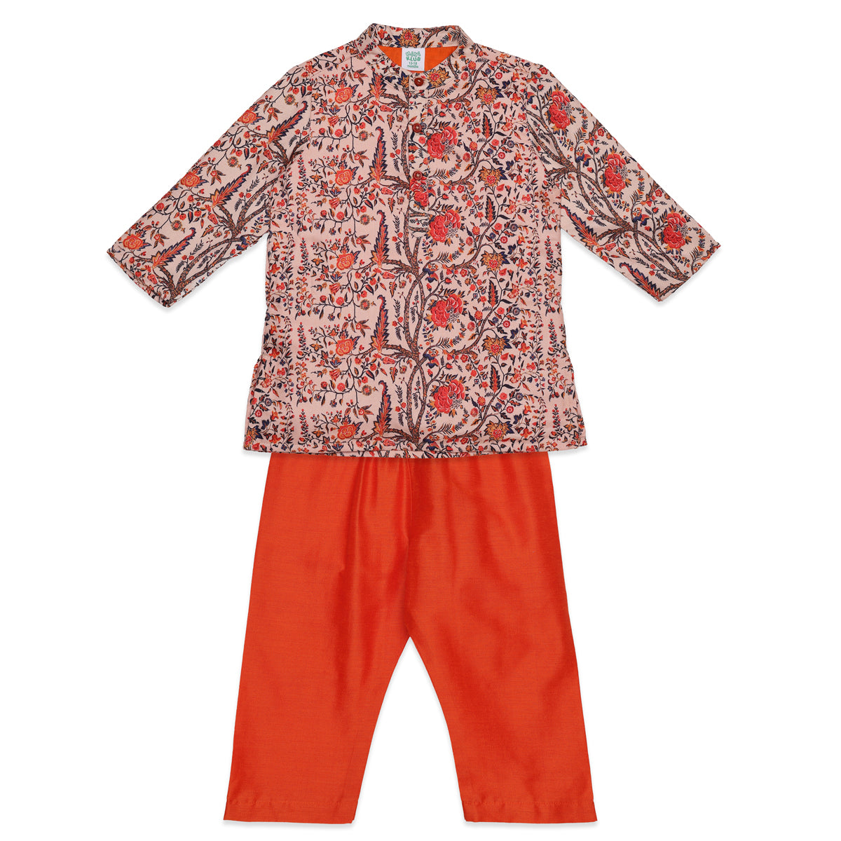 Baby Boys Peach and Orange Cotton Floral Print Kurta and Pyjama Set Regular Fit Festive Ethnic Wear