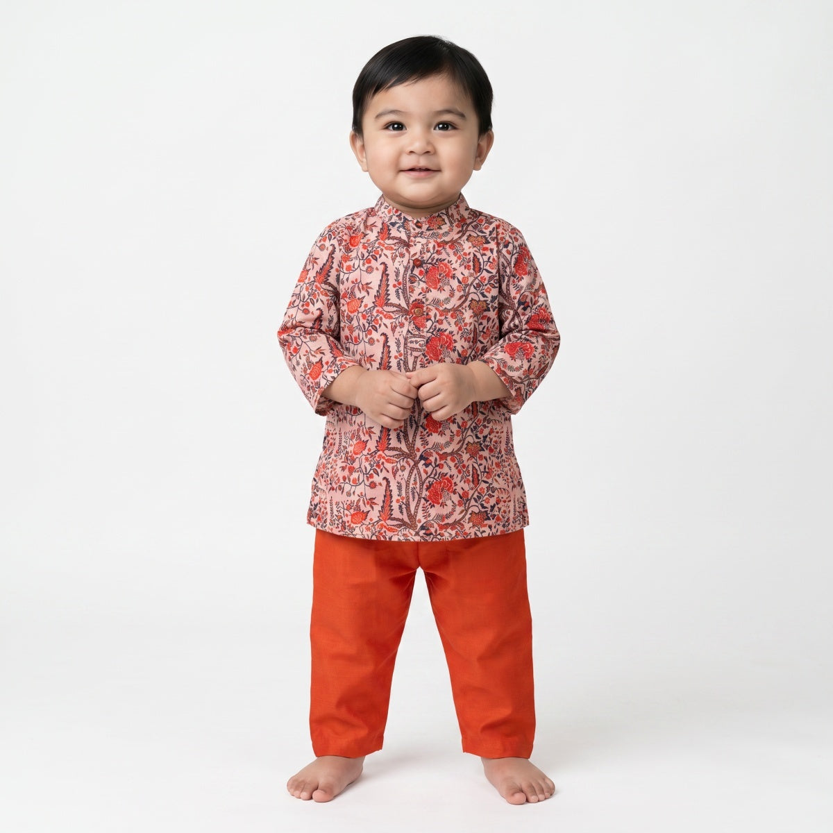Baby Boys Peach and Orange Cotton Floral Print Kurta and Pyjama Set Regular Fit Festive Ethnic Wear