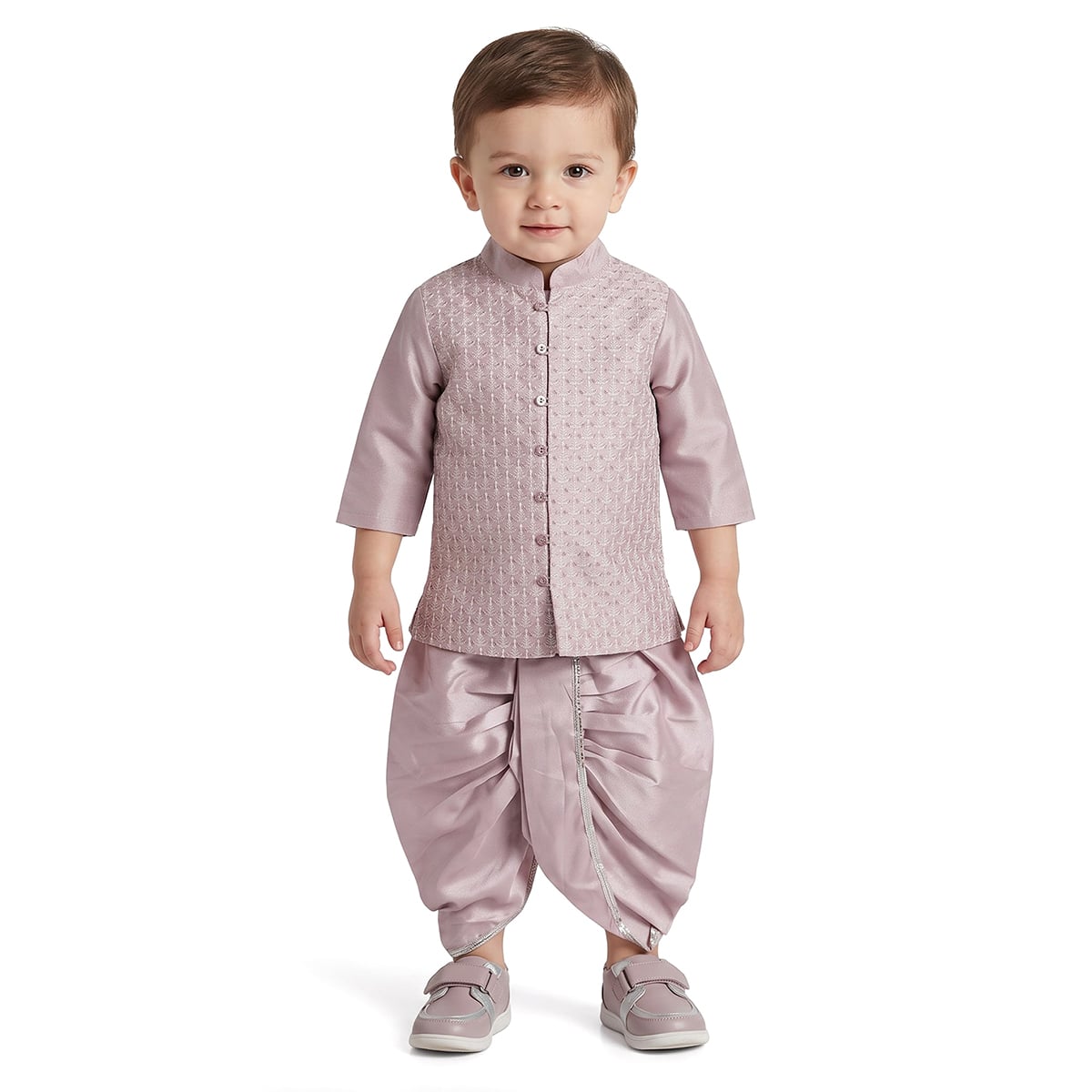 Baby Boys Plum Cotton Blend Kurta Dhoti Set Regular Festive Wear