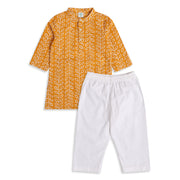 Baby Boys Mustard Yellow and White Cotton Kurta and Pyjama Set Regular Fit Festive Ethnic Wear