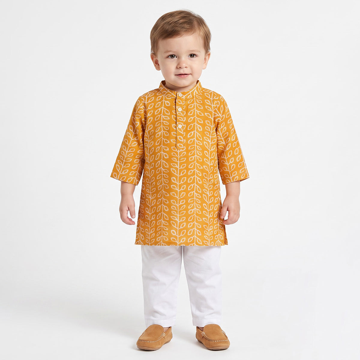 Baby Boys Mustard Yellow and White Cotton Kurta and Pyjama Set Regular Fit Festive Ethnic Wear
