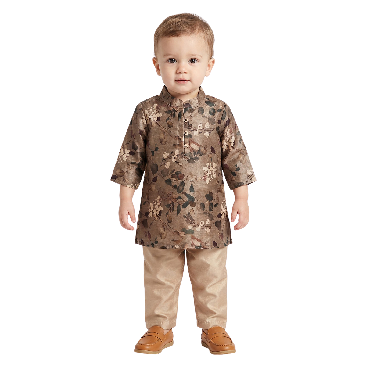 Baby Boys Brown and Beige Floral Kurta and Pyjama Set Festive Ethnic
