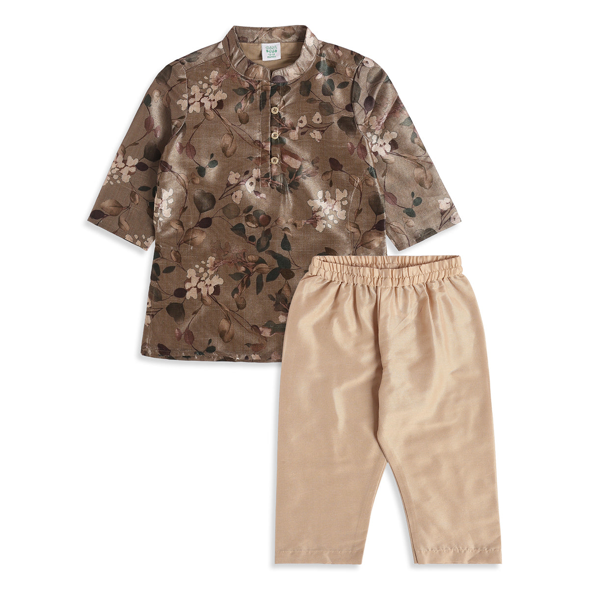 Baby Boys Brown and Beige Floral Kurta and Pyjama Set Regular Fit Festive Ethnic Wear
