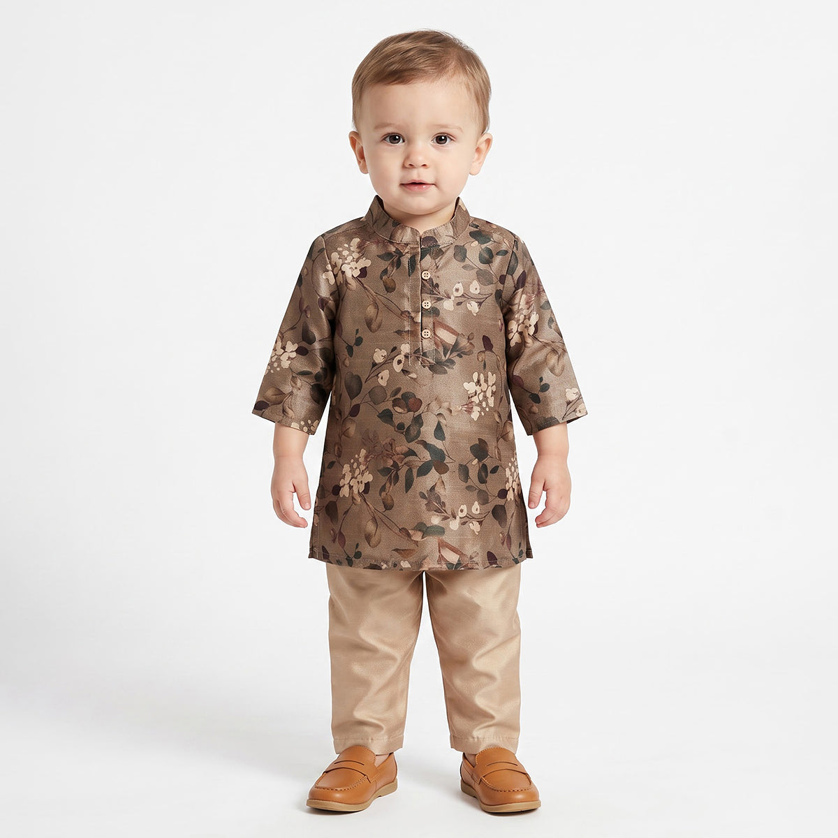 Baby Boys Brown and Beige Floral Kurta and Pyjama Set Regular Fit Festive Ethnic Wear