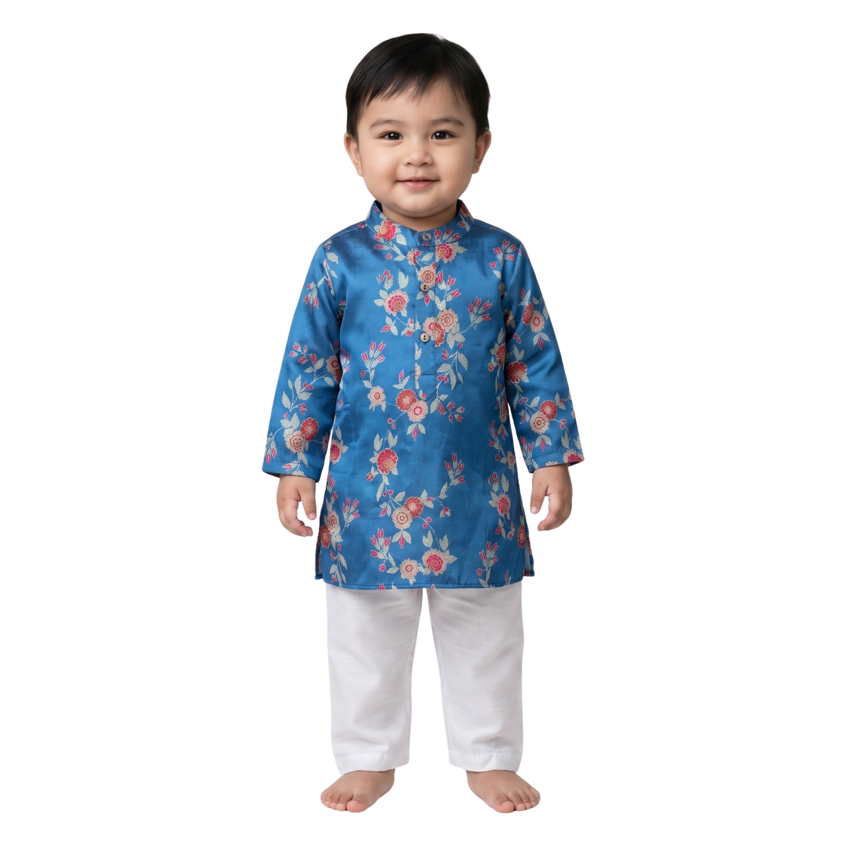 Baby Boys Blue and White Floral Print Kurta and Pyjama Set Festive