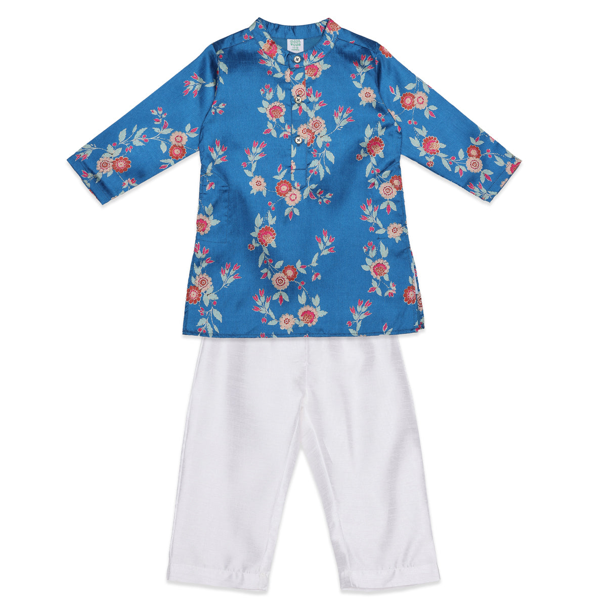 Baby Boys Blue and White Cotton Blend Floral Print Kurta and Pyjama Set Regular Fit Festive Ethnic Wear