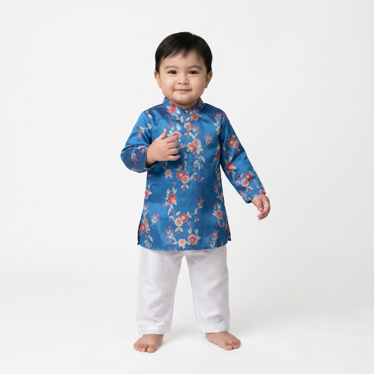 Baby Boys Blue and White Cotton Blend Floral Print Kurta and Pyjama Set Regular Fit Festive Ethnic Wear