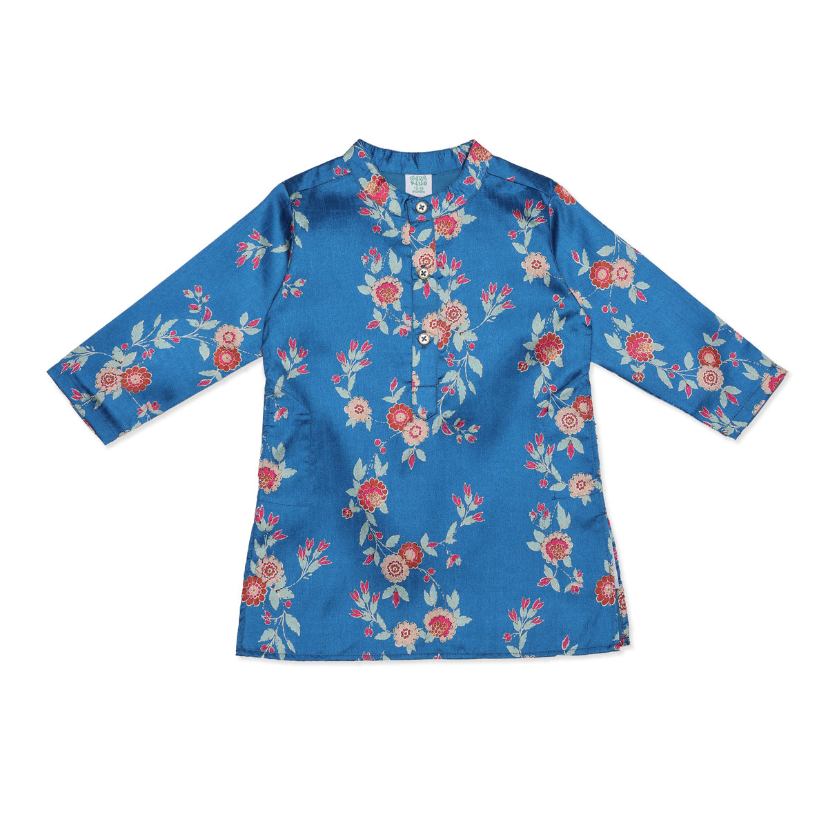 Baby Boys Blue and White Cotton Blend Floral Print Kurta and Pyjama Set Regular Fit Festive Ethnic Wear
