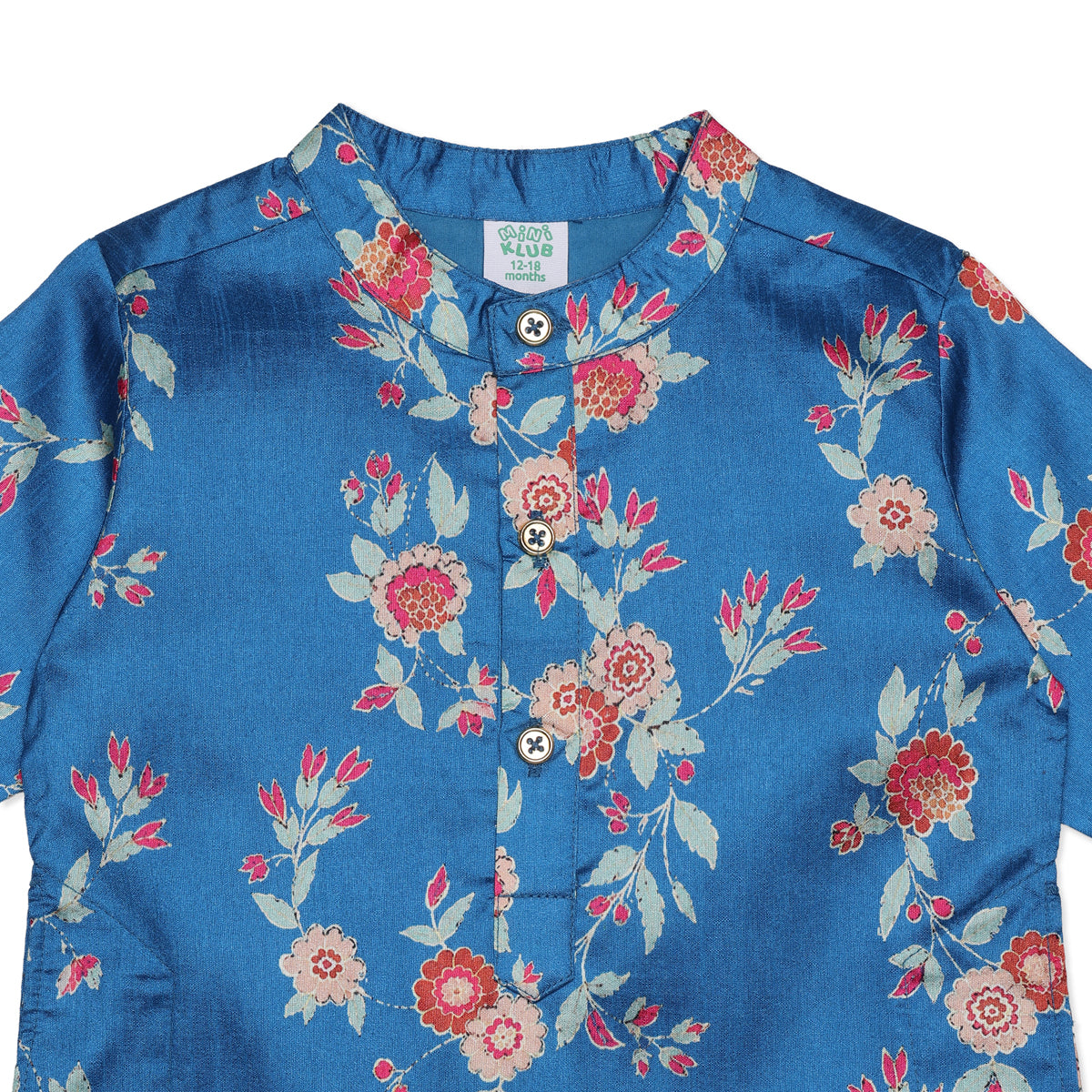 Baby Boys Blue and White Cotton Blend Floral Print Kurta and Pyjama Set Regular Fit Festive Ethnic Wear