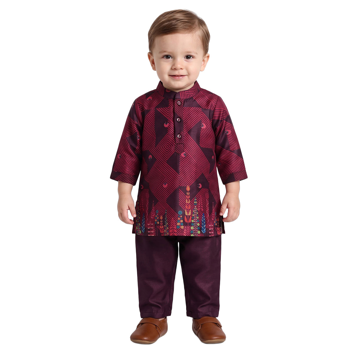 Baby Boys Maroon Cotton Blend Printed Kurta Set Regular Fit Festive