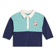 Baby Boys Aqua Blue and Navy Cotton Polo T-Shirt Printed Regular Fit Casual Kids Wear