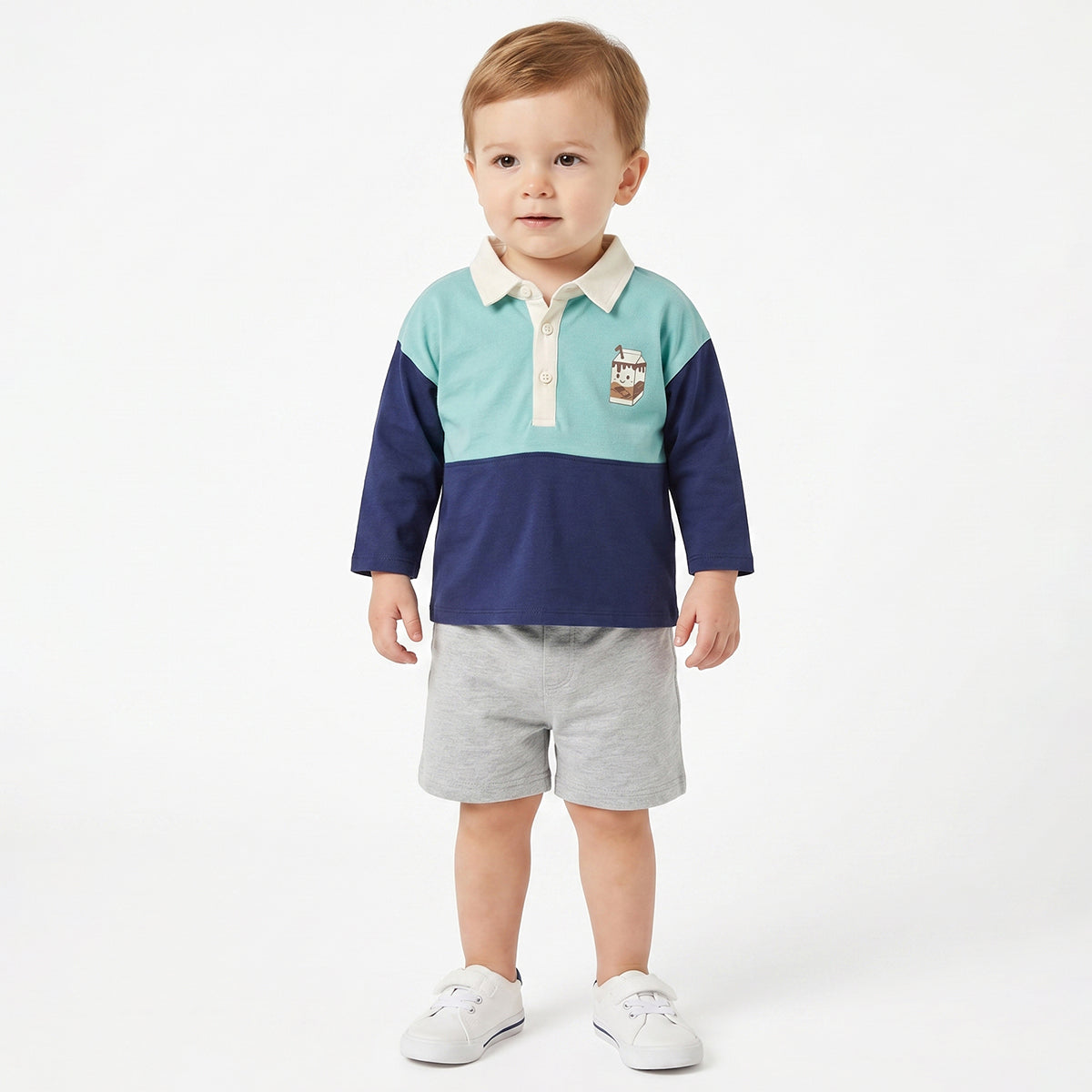 Baby Boys Aqua Blue and Navy Cotton Polo T-Shirt Printed Regular Fit Casual Kids Wear