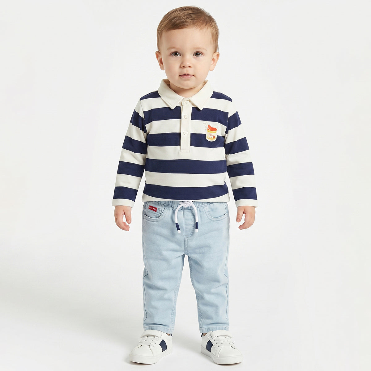 Baby Boys Navy and White Cotton Striped Polo T-Shirt Regular Fit Casual Kids Wear