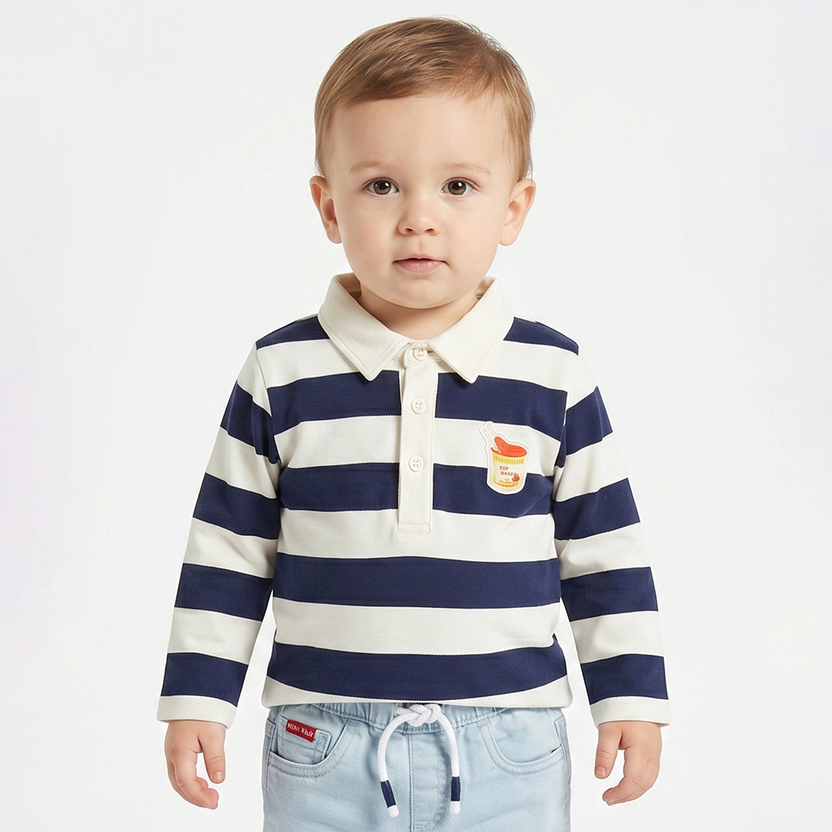 Baby Boys Navy and White Cotton Striped Polo T-Shirt Regular Fit Casual Kids Wear