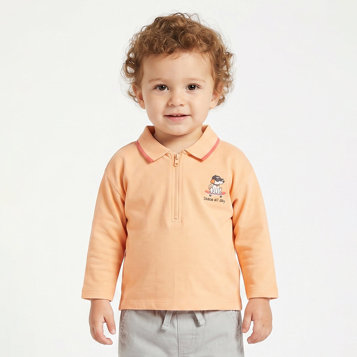 Baby Boys Peach Cotton Polo T-Shirt Embroidered Regular Fit Casual Kids Wear