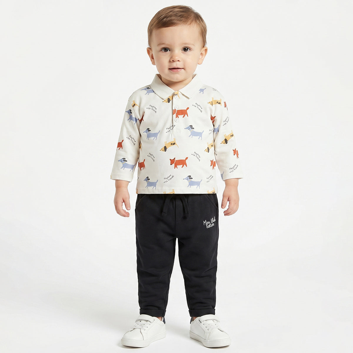 Baby Boys White Cotton Dog Print Polo T-Shirt Regular Fit Casual Kids Wear