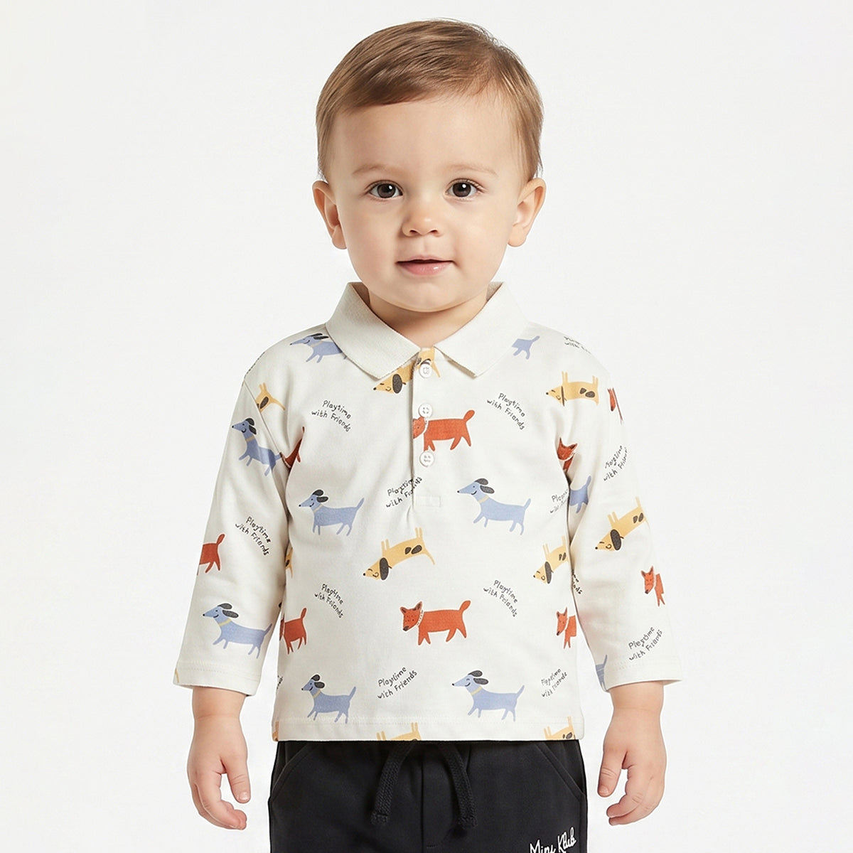 Baby Boys White Cotton Dog Print Polo T-Shirt Regular Fit Casual Kids Wear