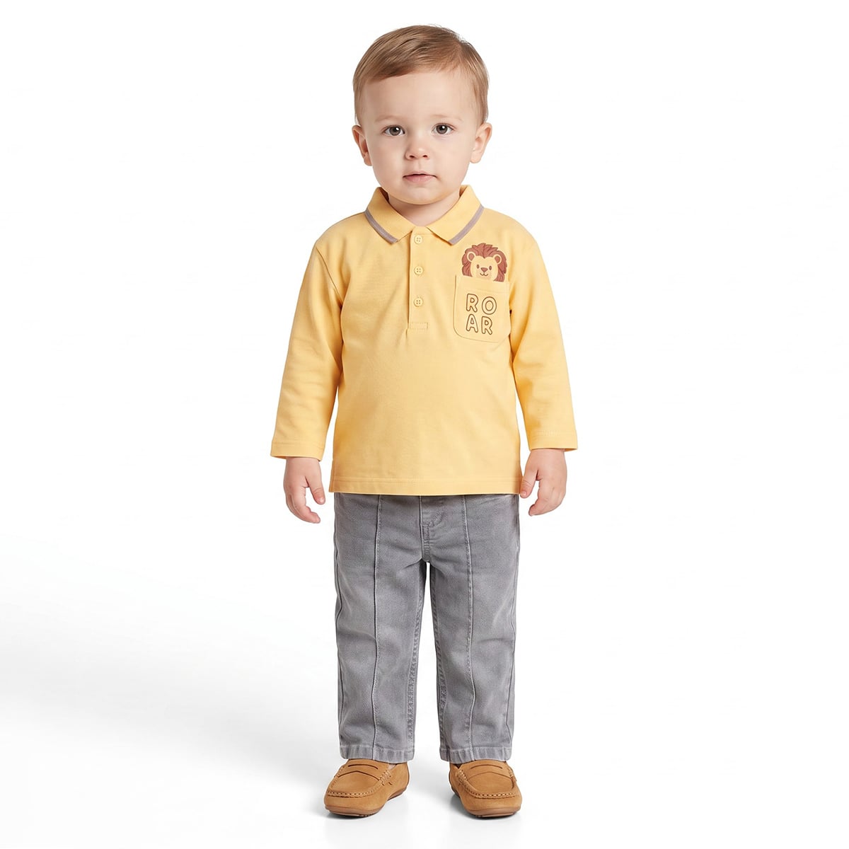 Baby Boys Yellow Cotton Polo T-Shirt Lion Detail Regular Fit Casual Kids T-Shirt